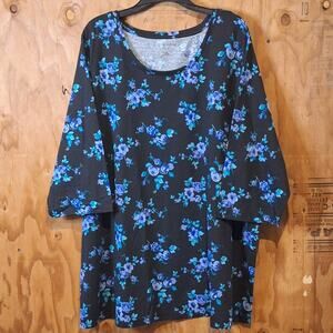 Woman WIthin SHirt Women's 3X Black Blue Floral Cottagecore Prairiecore Country